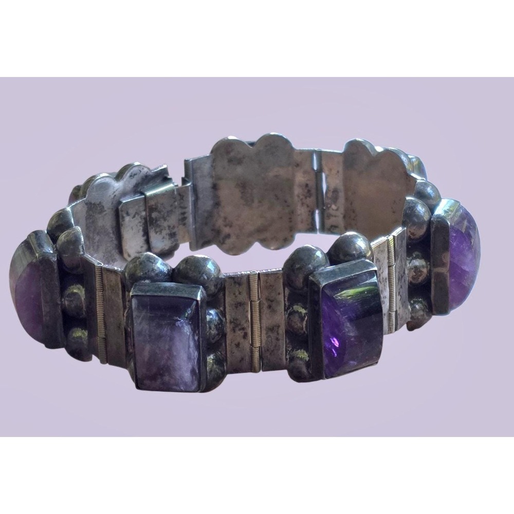 Sterling Amethyst Barrel Stones Panel Bracelet Signed RA DF Mexico 925 Vintage